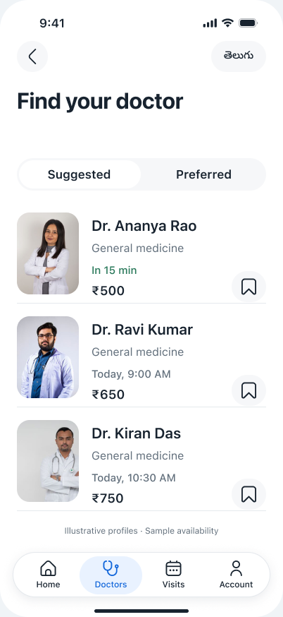 Hello Doctor original doctor-discovery screen with illustrative fees and availability