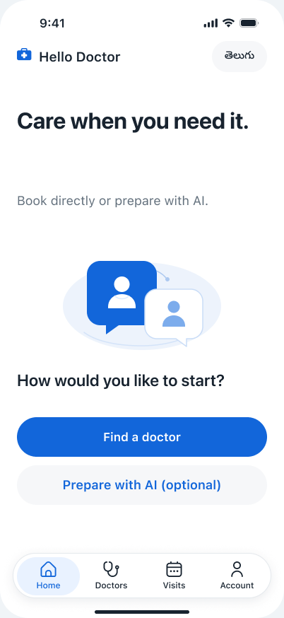 Hello Doctor original Home screen with direct doctor discovery and optional AI preparation