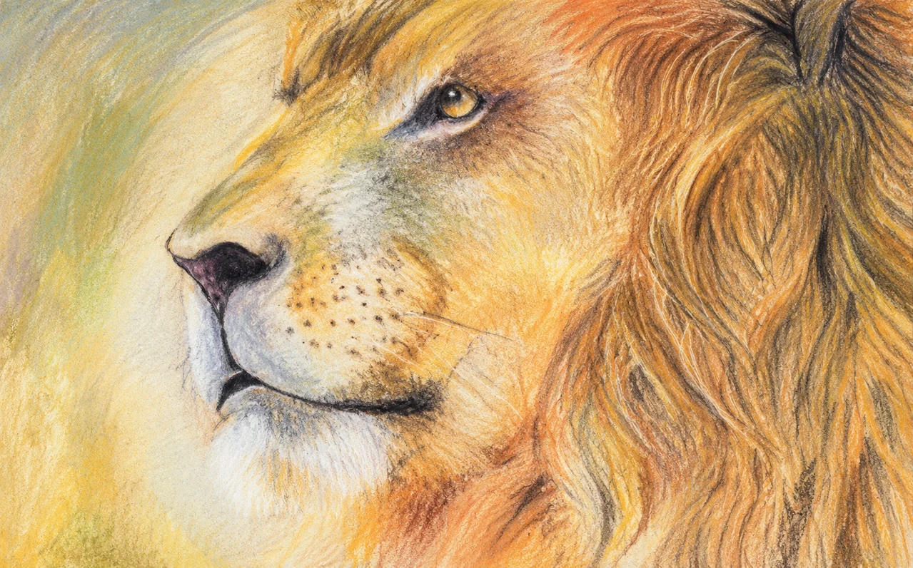 A golden lion in left-facing profile against a softly textured background.