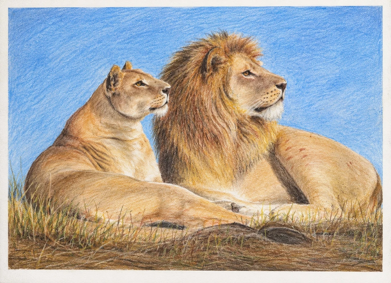 A lion and lioness resting together beneath a blue sky, with the full white paper border visible.