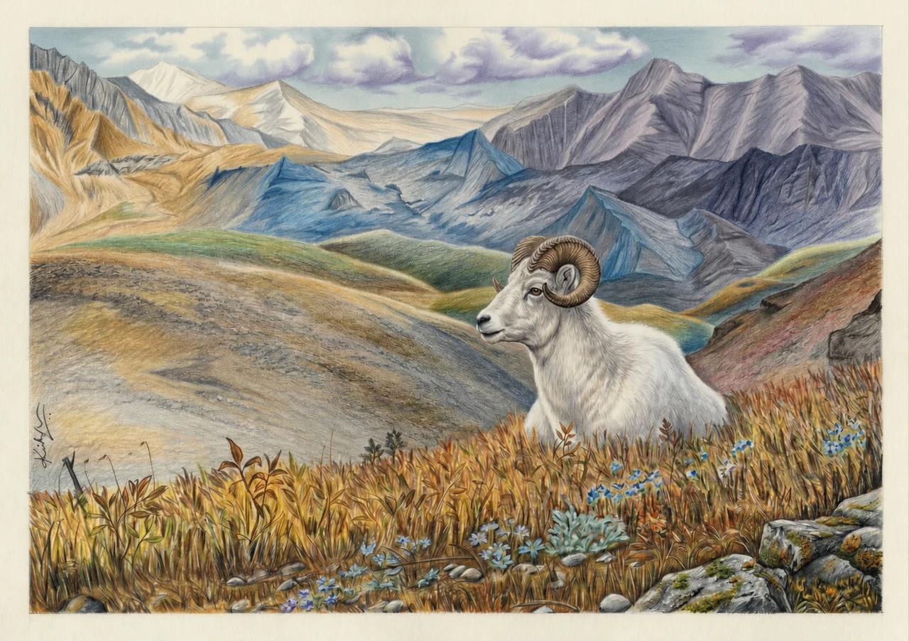 A white ram with curled horns resting in an alpine meadow beneath layered mountain peaks.