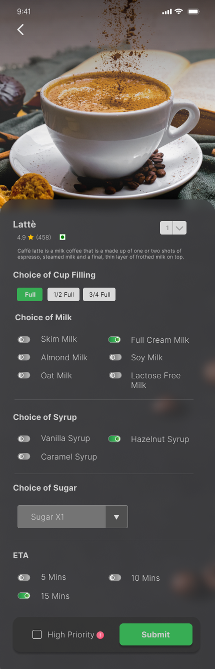 Original full drink customisation screen