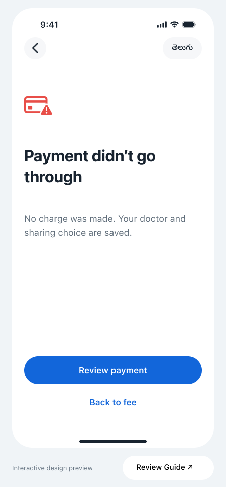 Existing simulated payment-declined screen with Review payment and Back to fee