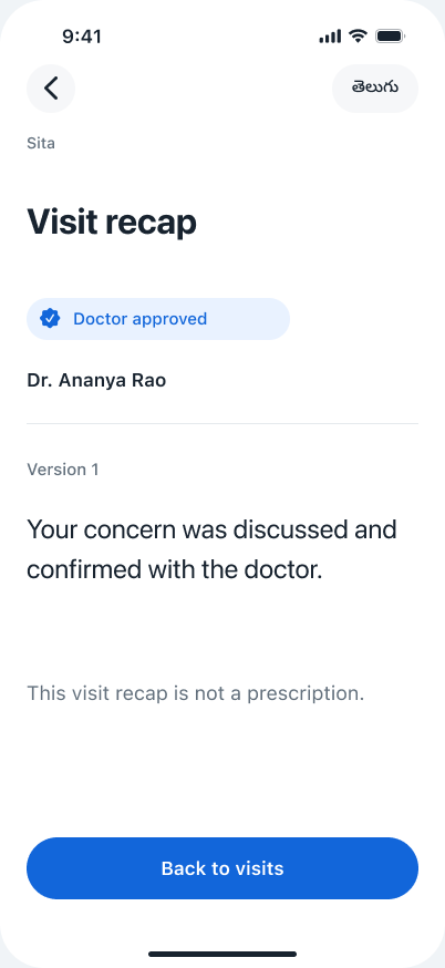 Repaired original visit recap for fictional Sita, Doctor approved Version 1, with Back and Back to visits controls