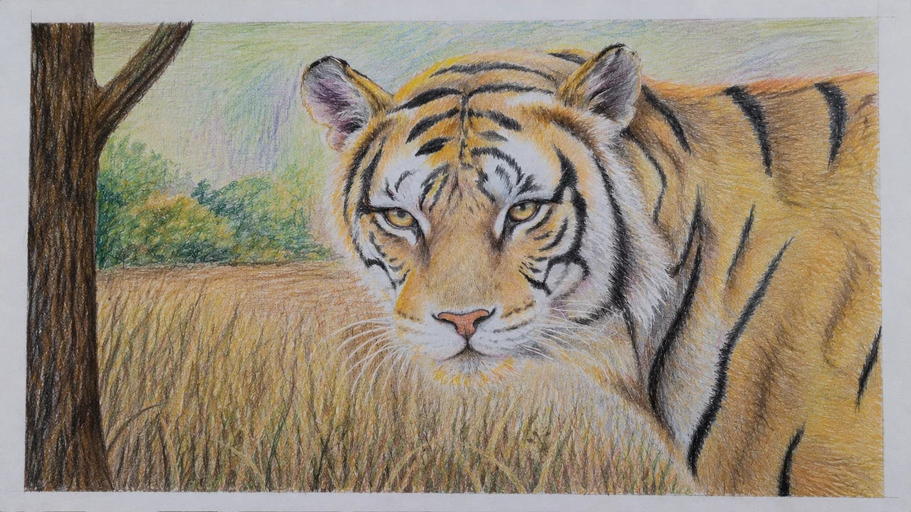A tiger standing in golden grass beside a tree, with the full white paper border visible.
